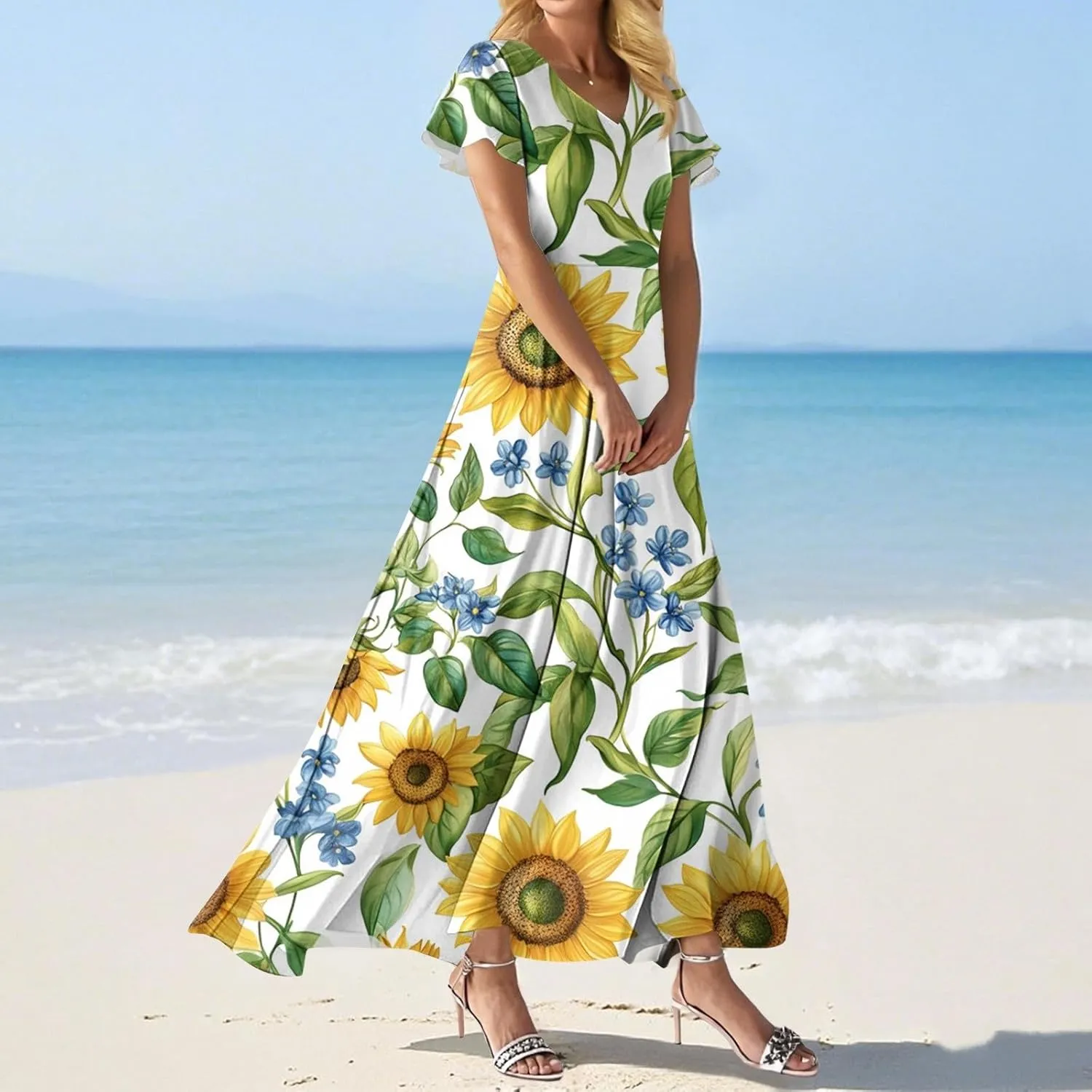 Maxi Dresses for Women 2025 Formal Wrap V Neck Chiffon Boho Flowy Swing Sundress Ruffle Short Sleeve Floral Dress