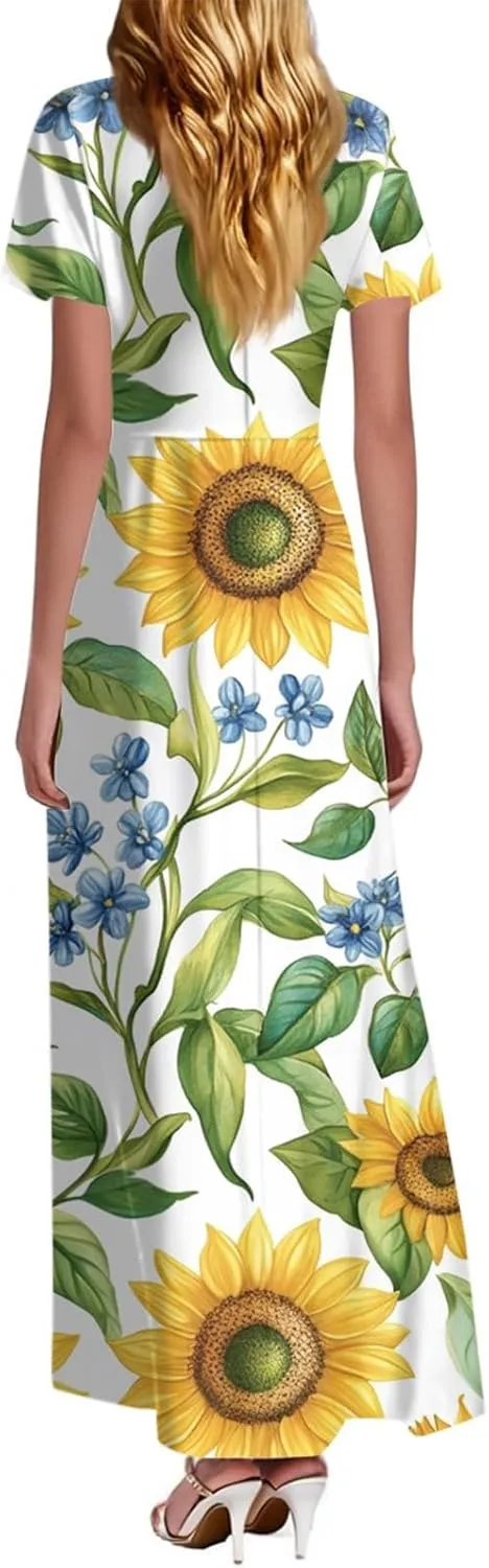 Maxi Dresses for Women 2025 Formal Wrap V Neck Chiffon Boho Flowy Swing Sundress Ruffle Short Sleeve Floral Dress