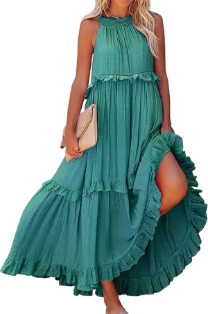 Maxi Dresses for Women 2025 Halter Flowy Ruffle Tiered Long Dress Casual Summer A Line Swing Beach Sundress