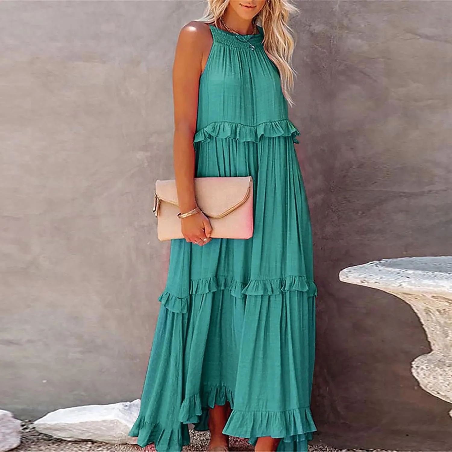 Maxi Dresses for Women 2025 Halter Flowy Ruffle Tiered Long Dress Casual Summer A Line Swing Beach Sundress