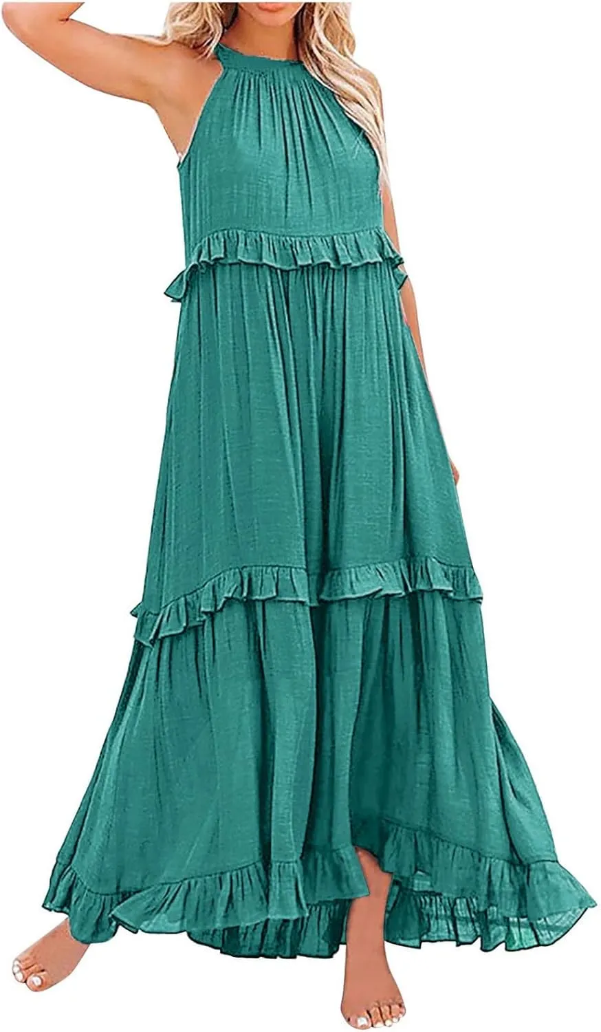 Maxi Dresses for Women 2025 Halter Flowy Ruffle Tiered Long Dress Casual Summer A Line Swing Beach Sundress