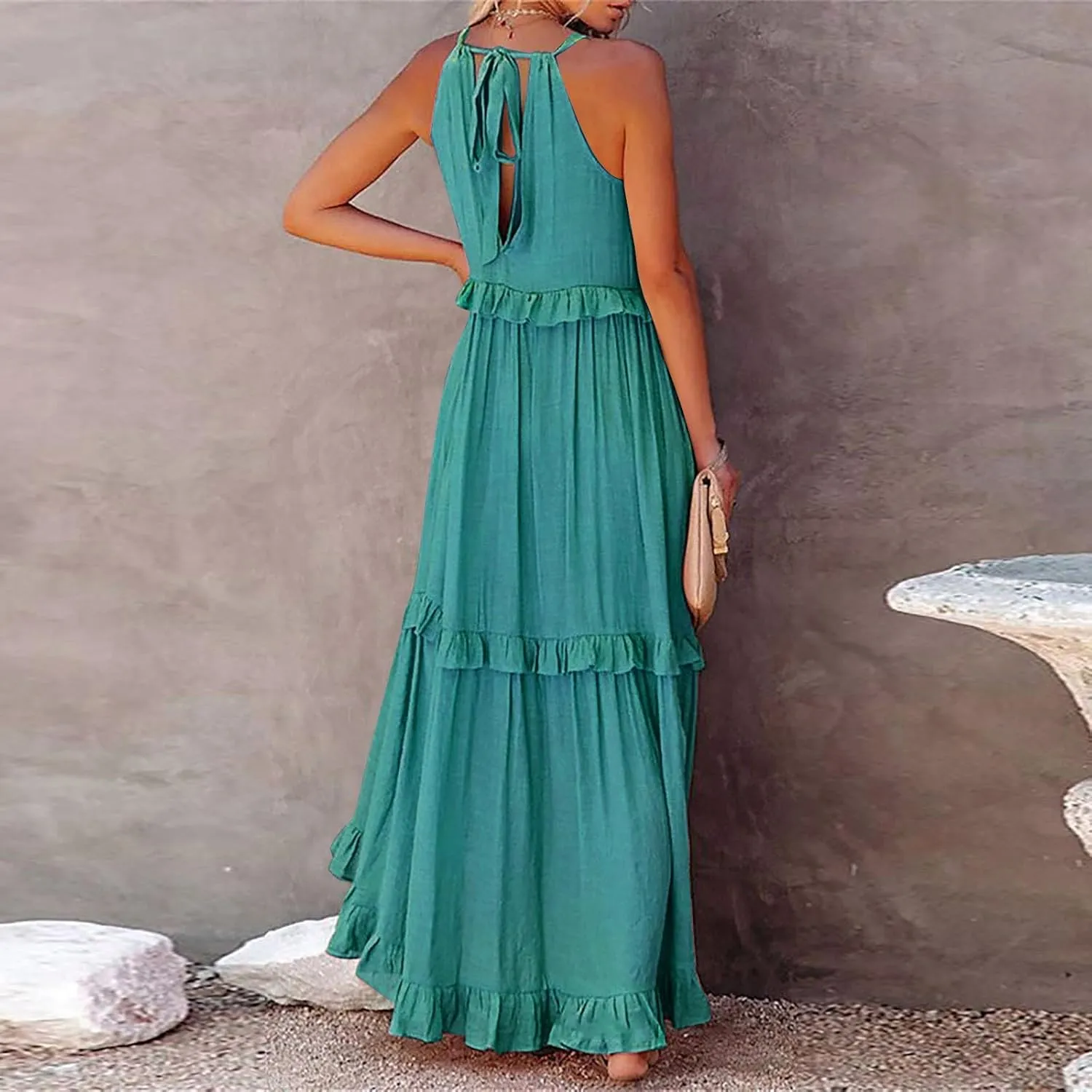 Maxi Dresses for Women 2025 Halter Flowy Ruffle Tiered Long Dress Casual Summer A Line Swing Beach Sundress