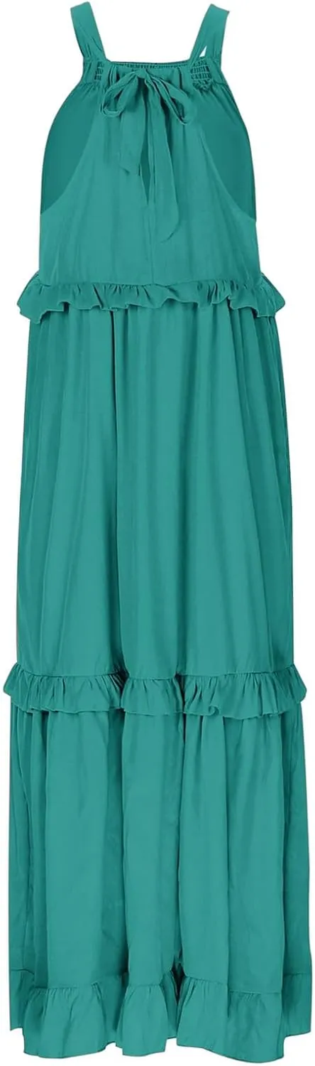 Maxi Dresses for Women 2025 Halter Flowy Ruffle Tiered Long Dress Casual Summer A Line Swing Beach Sundress