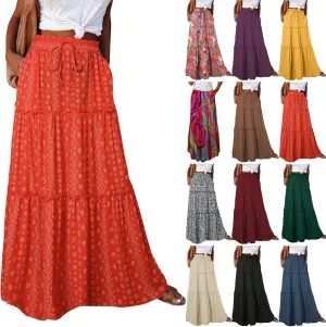 Maxi Skirts for Women Trendy Boho Flowy Long Beach Skirt Casual Drawstring High Waisted Pleated A-Line Tiered Skirts