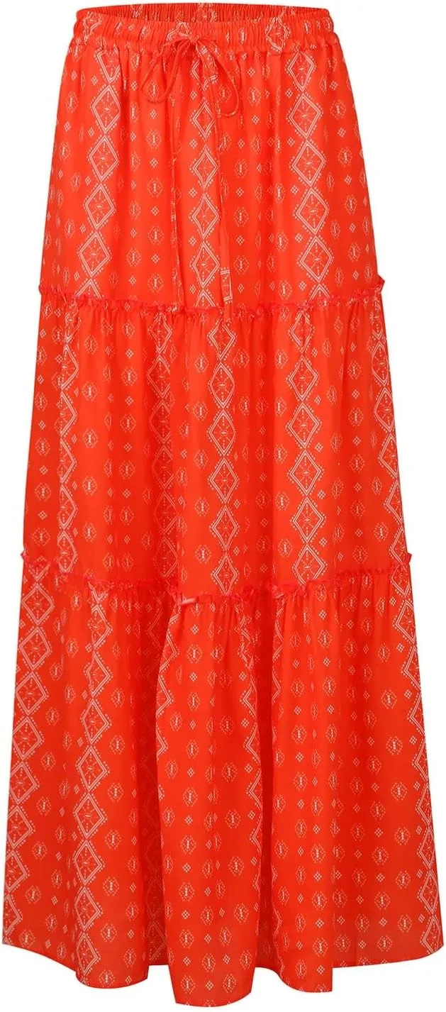 Maxi Skirts for Women Trendy Boho Flowy Long Beach Skirt Casual Drawstring High Waisted Pleated A-Line Tiered Skirts