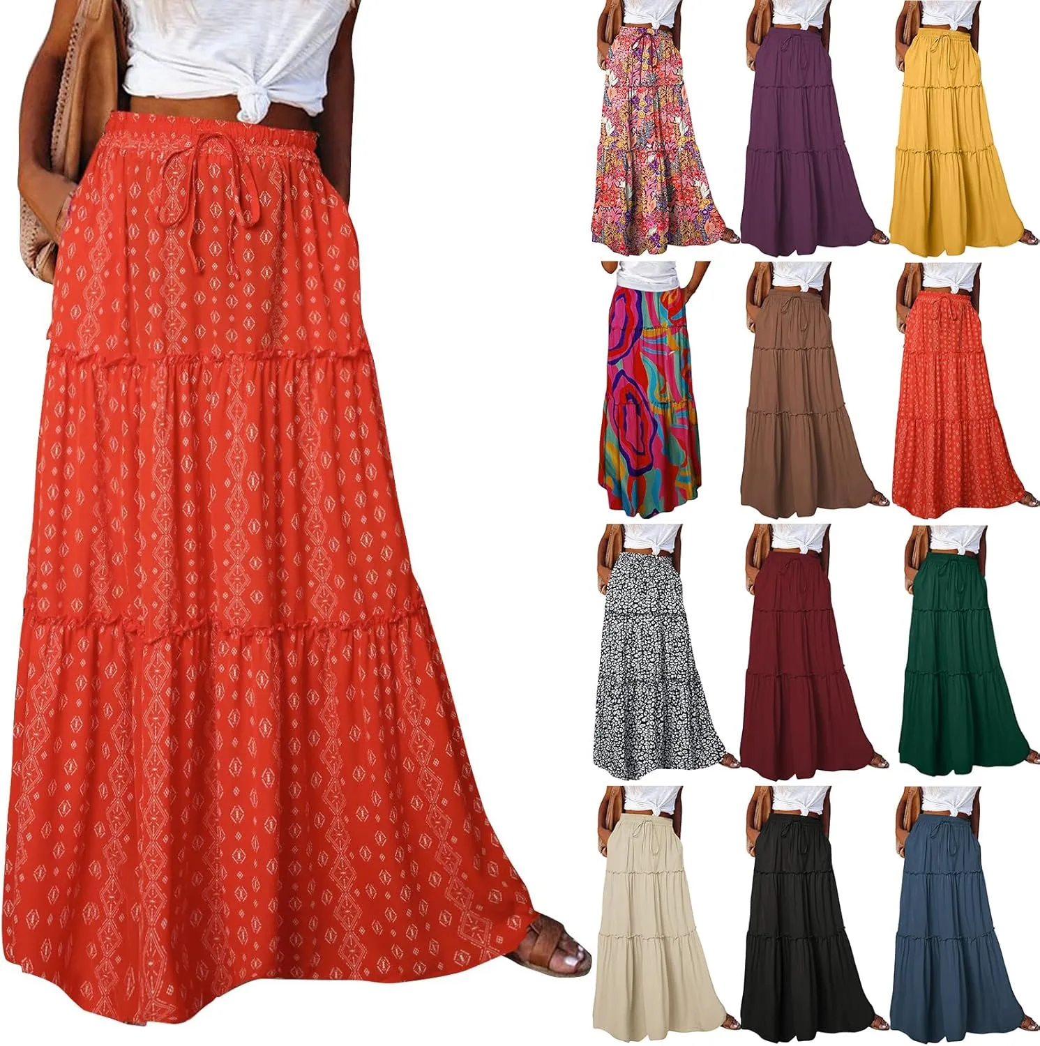 Maxi Skirts for Women Trendy Boho Flowy Long Beach Skirt Casual Drawstring High Waisted Pleated A-Line Tiered Skirts
