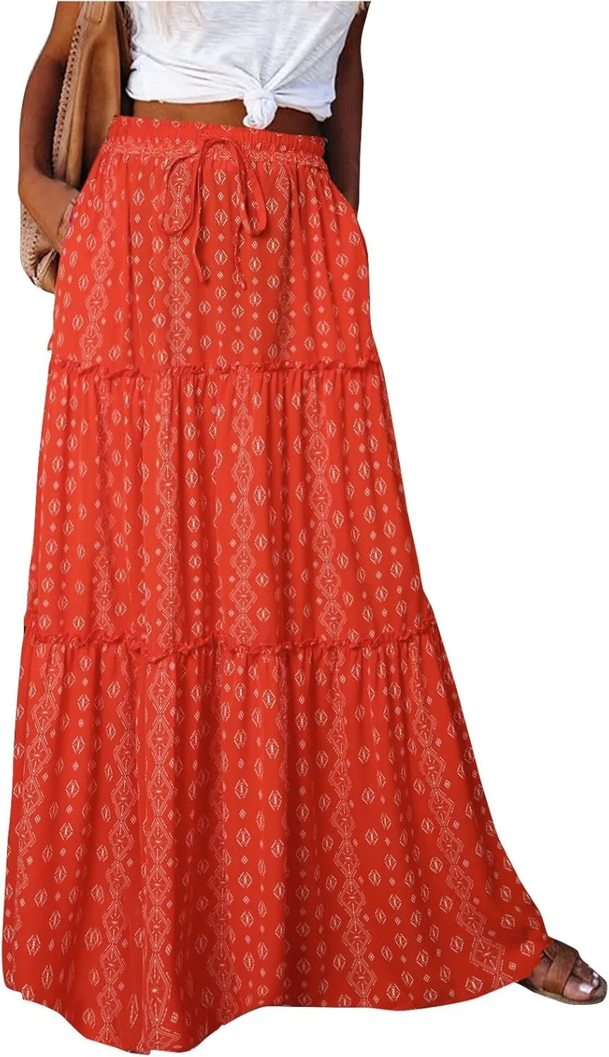 Maxi Skirts for Women Trendy Boho Flowy Long Beach Skirt Casual Drawstring High Waisted Pleated A-Line Tiered Skirts