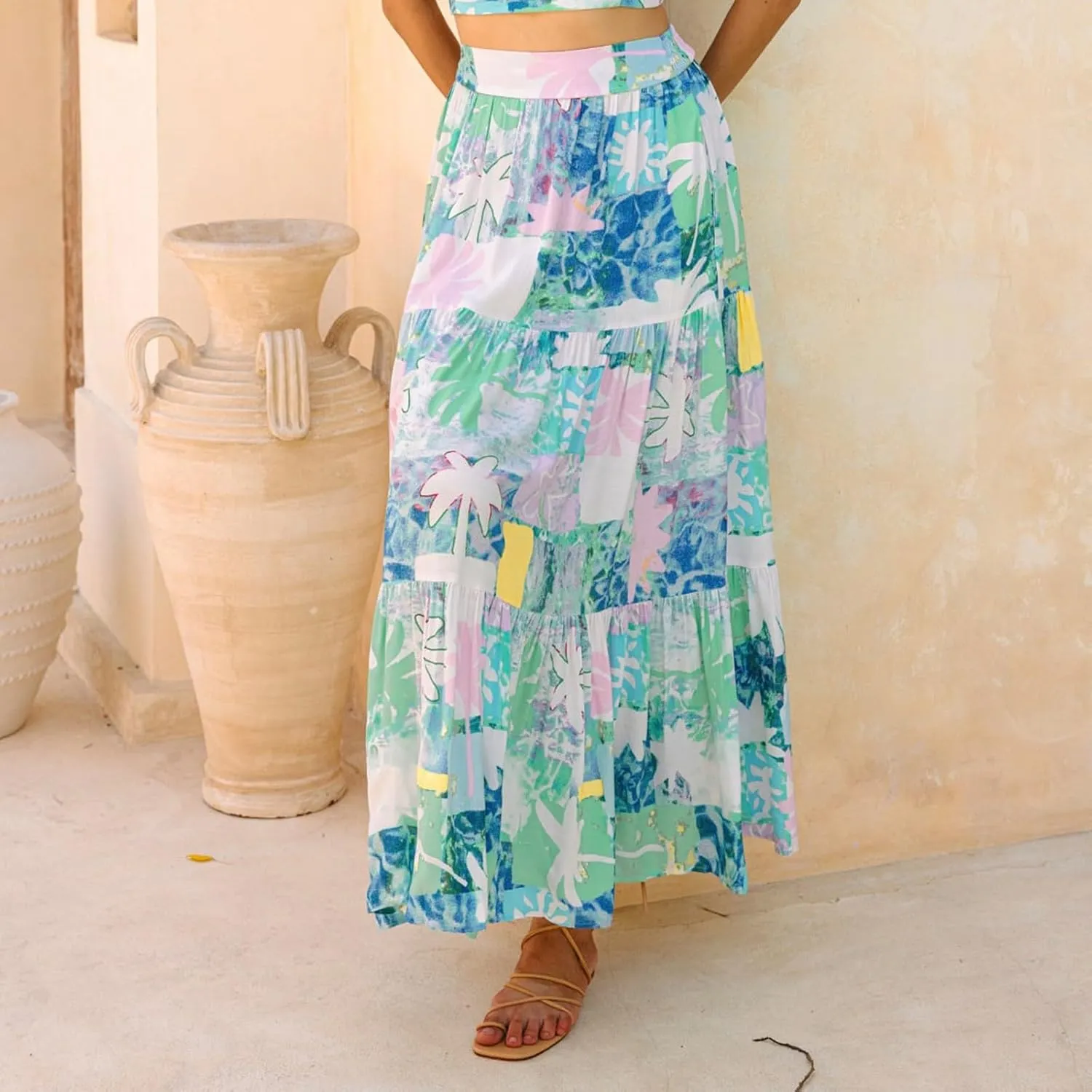 Maxi Skirts for Women Trendy High Waisted Tiered Pleated Skirt A-Line Boho Flowy Beach Skirt Cover Ups for Vacation