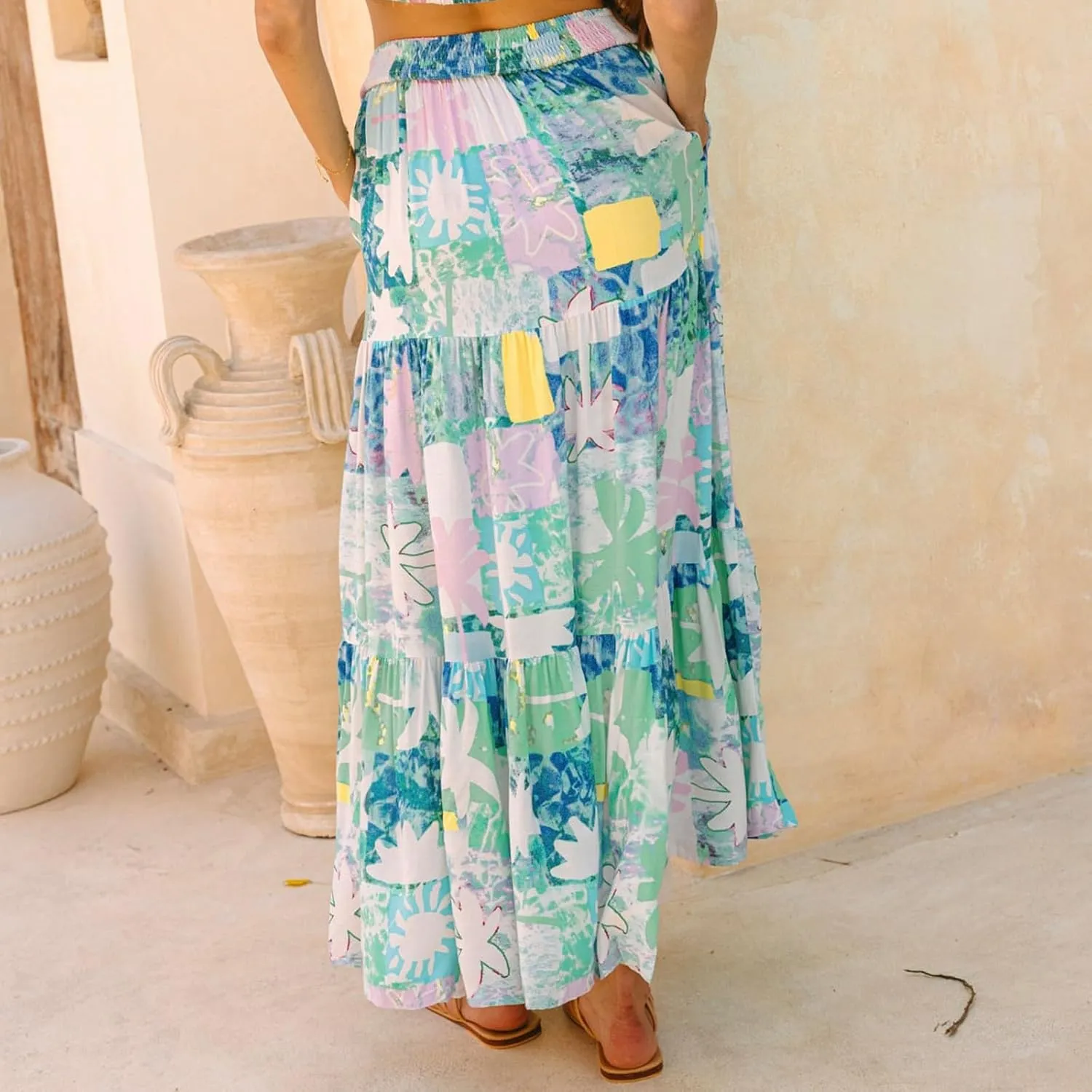 Maxi Skirts for Women Trendy High Waisted Tiered Pleated Skirt A-Line Boho Flowy Beach Skirt Cover Ups for Vacation