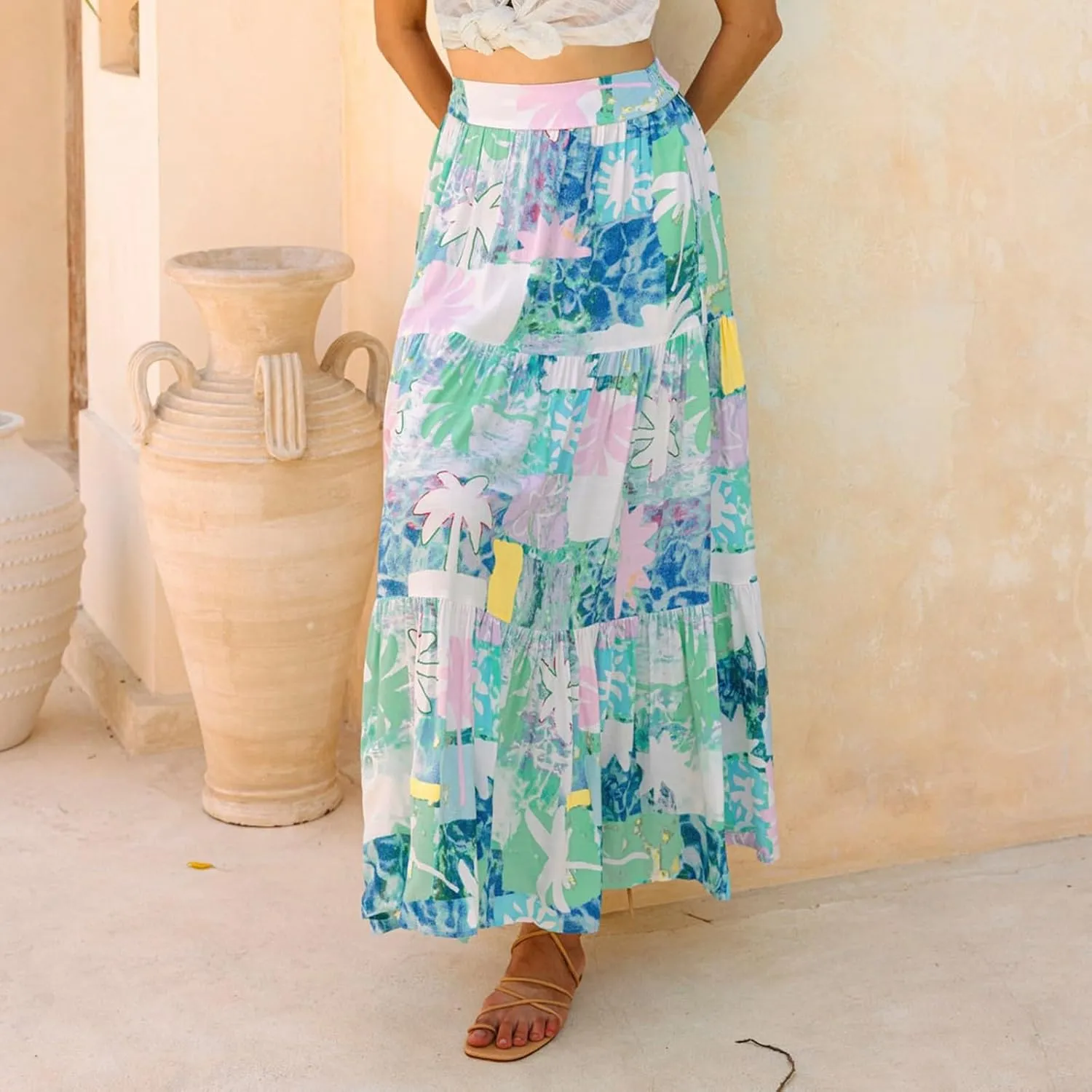 Maxi Skirts for Women Trendy High Waisted Tiered Pleated Skirt A-Line Boho Flowy Beach Skirt Cover Ups for Vacation