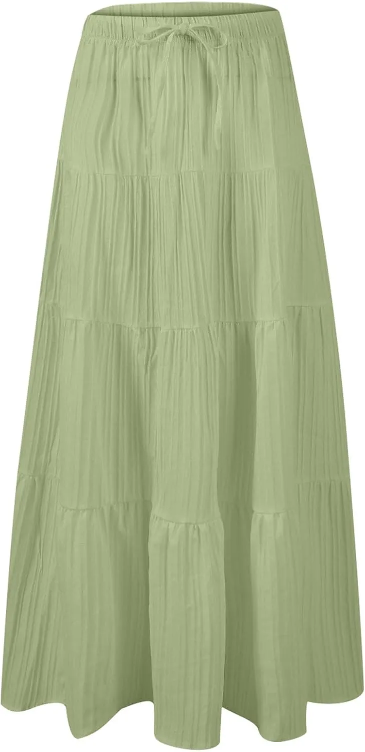 Maxi Skirts for Women Trendy Tiered A-Line Long Skirt Drawstring Elastic Waist Pleated Boho Casual Loose Clothes 2025