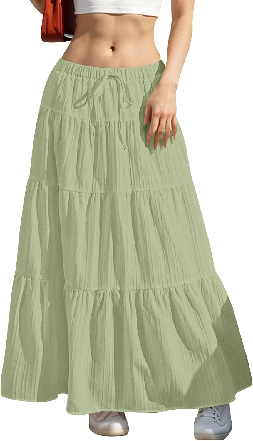 Maxi Skirts for Women Trendy Tiered A-Line Long Skirt Drawstring Elastic Waist Pleated Boho Casual Loose Clothes 2025