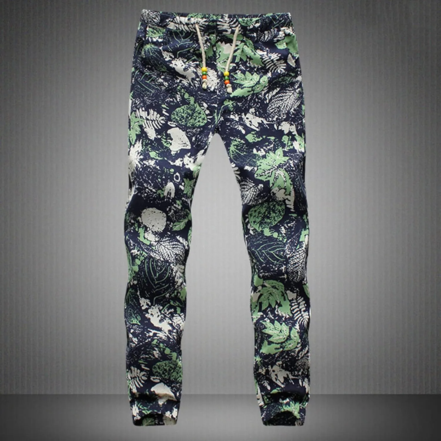 Men Linen Pants Fashion Floral Print Lace-Up Elasticated Skinny-Fit Casual Loose Trousers Slim-Fit Straight Legs