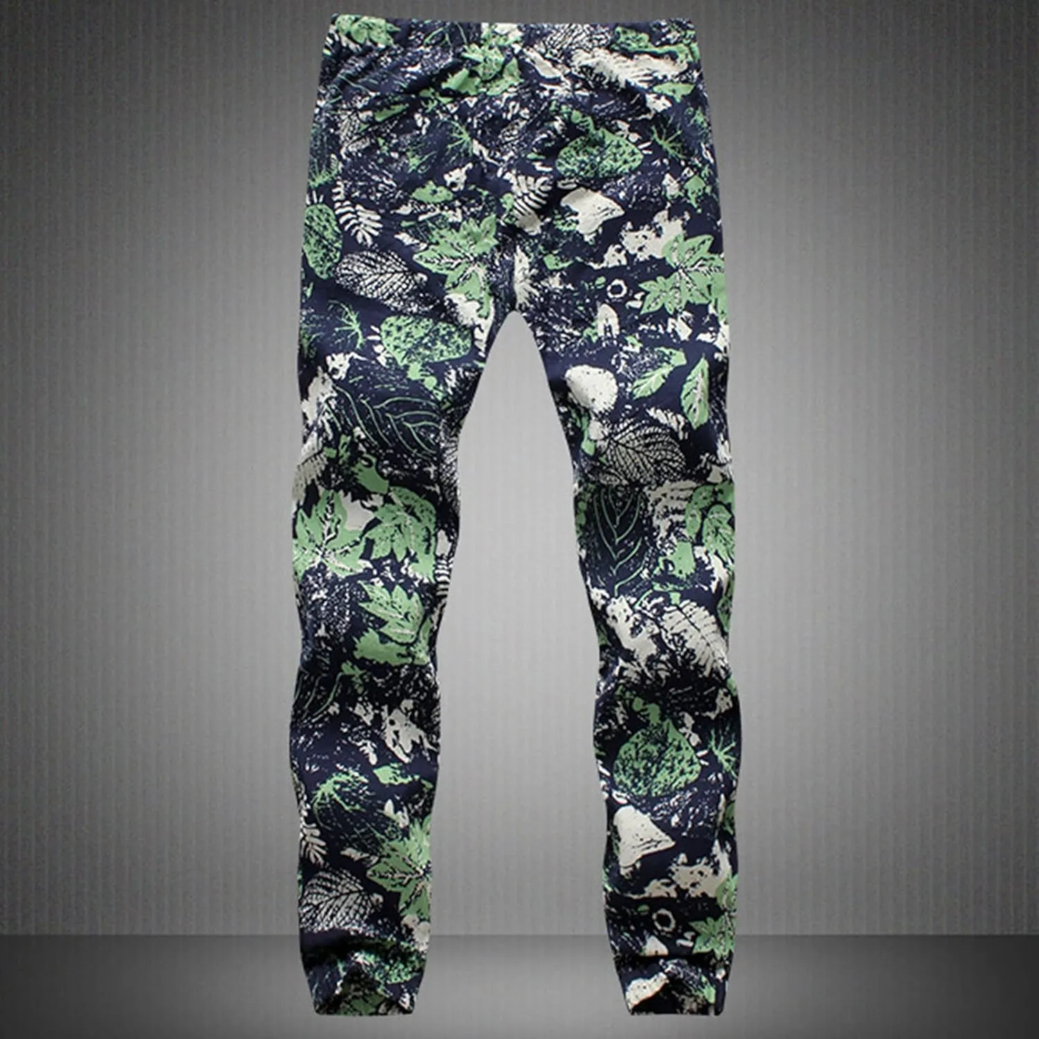 Men Linen Pants Fashion Floral Print Lace-Up Elasticated Skinny-Fit Casual Loose Trousers Slim-Fit Straight Legs