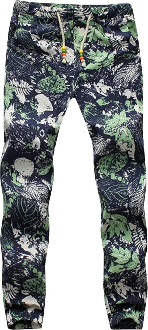 Men Linen Pants Fashion Floral Print Lace-Up Elasticated Skinny-Fit Casual Loose Trousers Slim-Fit Straight Legs