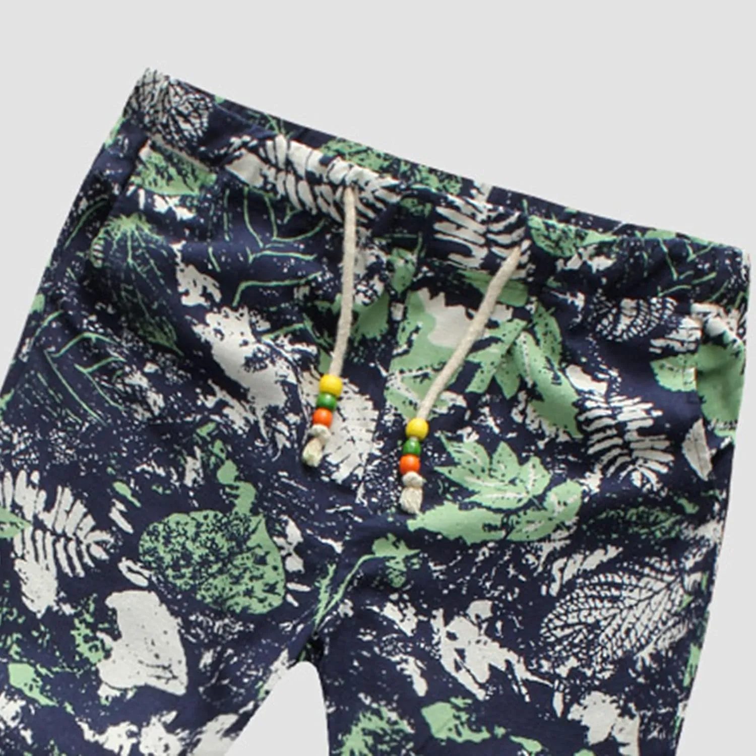 Men Linen Pants Fashion Floral Print Lace-Up Elasticated Skinny-Fit Casual Loose Trousers Slim-Fit Straight Legs