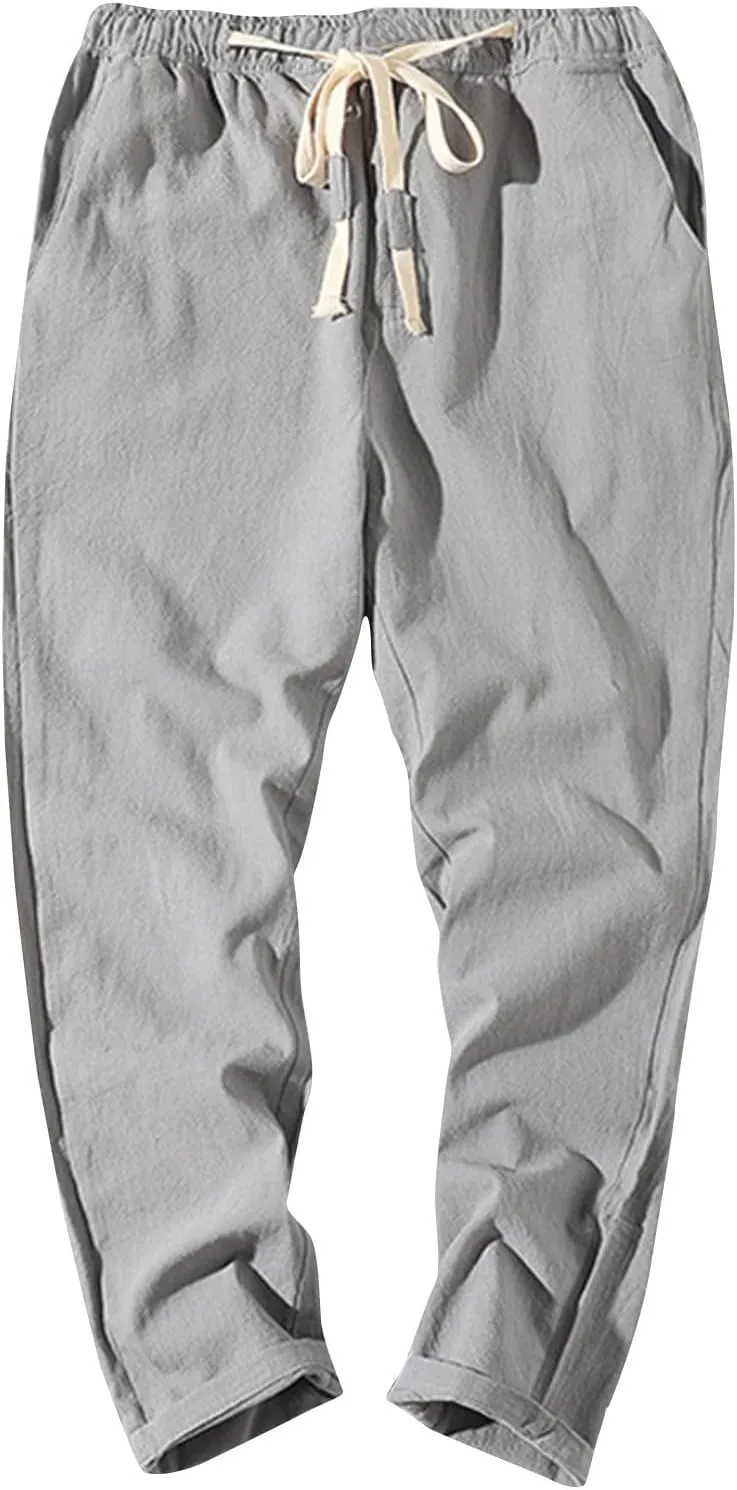 Men Linen Pants Lightweight Breathable Work Pants Casual Loose Fit Outdoor Pants with Pockets Elastic Waist Pants