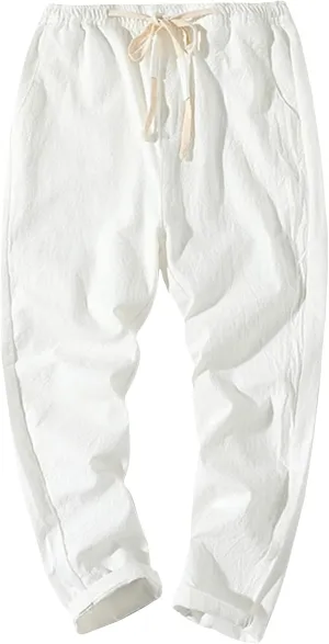 Men Linen Pants Lightweight Breathable Work Pants Casual Loose Fit Outdoor Pants with Pockets Elastic Waist Pants