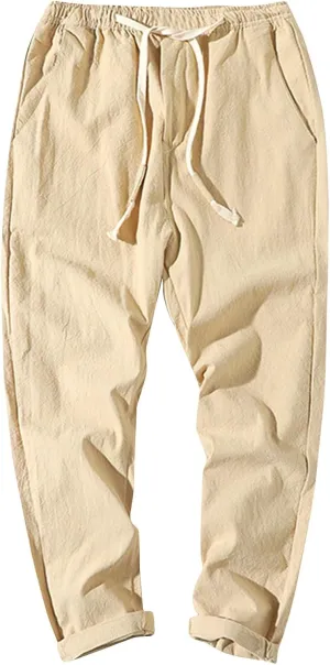 Men Linen Pants Lightweight Breathable Work Pants Casual Loose Fit Outdoor Pants with Pockets Elastic Waist Pants
