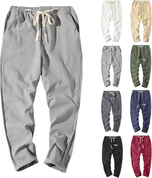 Men Linen Pants Lightweight Breathable Work Pants Casual Loose Fit Outdoor Pants with Pockets Elastic Waist Pants