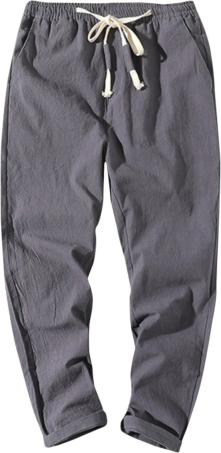Men Linen Pants Lightweight Breathable Work Pants Casual Loose Fit Outdoor Pants with Pockets Elastic Waist Pants