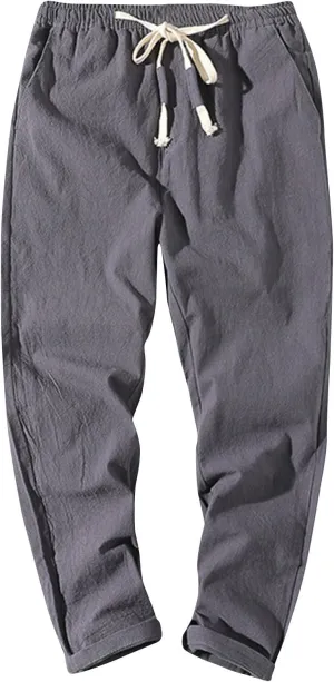 Men Linen Pants Lightweight Breathable Work Pants Casual Loose Fit Outdoor Pants with Pockets Elastic Waist Pants