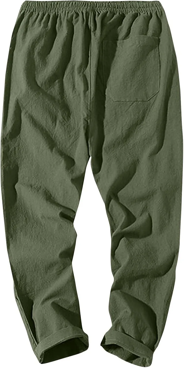 Men Linen Pants Lightweight Breathable Work Pants Casual Loose Fit Outdoor Pants with Pockets Elastic Waist Pants