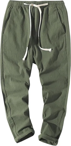 Men Linen Pants Lightweight Breathable Work Pants Casual Loose Fit Outdoor Pants with Pockets Elastic Waist Pants