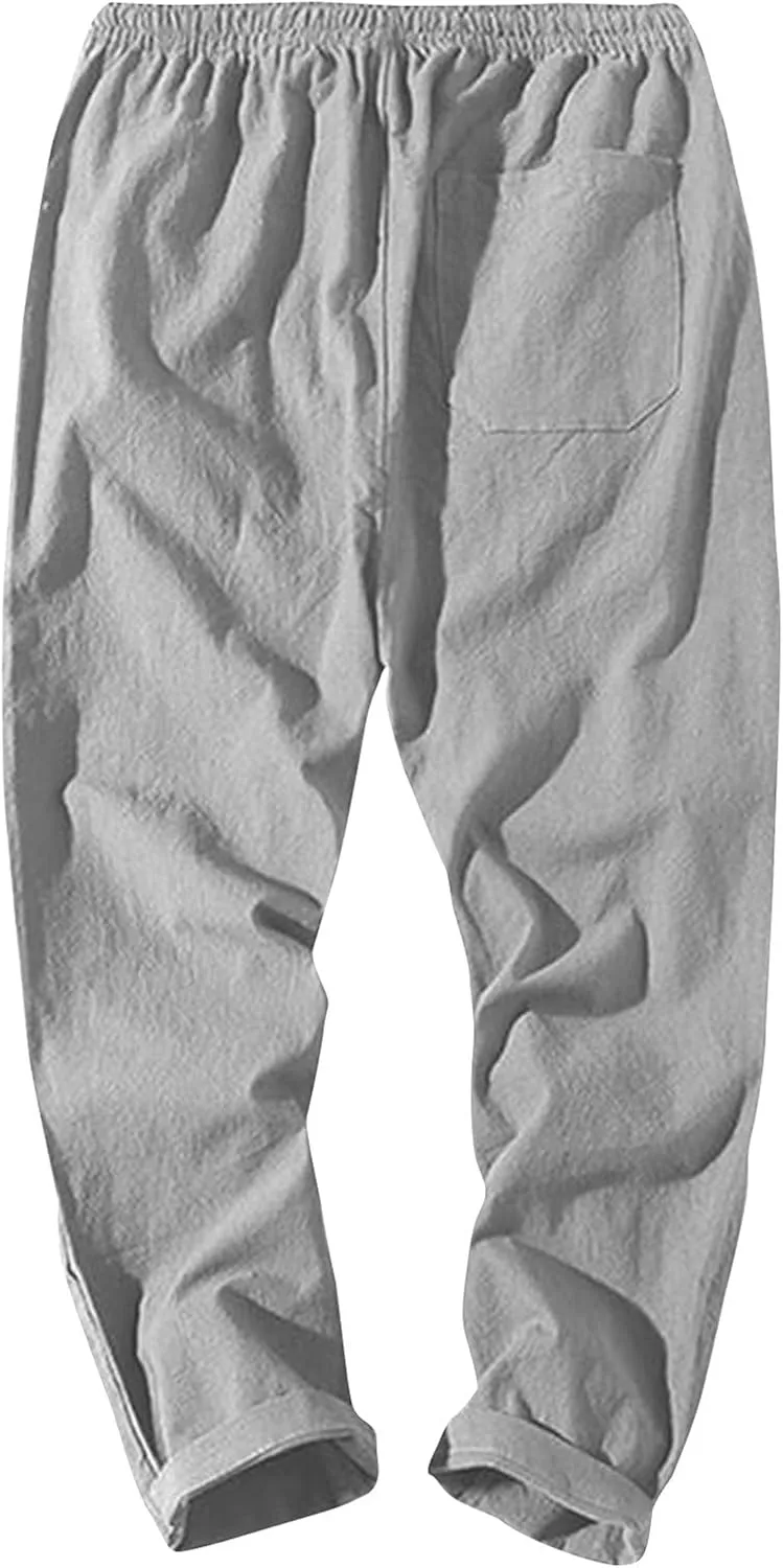 Men Linen Pants Lightweight Breathable Work Pants Casual Loose Fit Outdoor Pants with Pockets Elastic Waist Pants