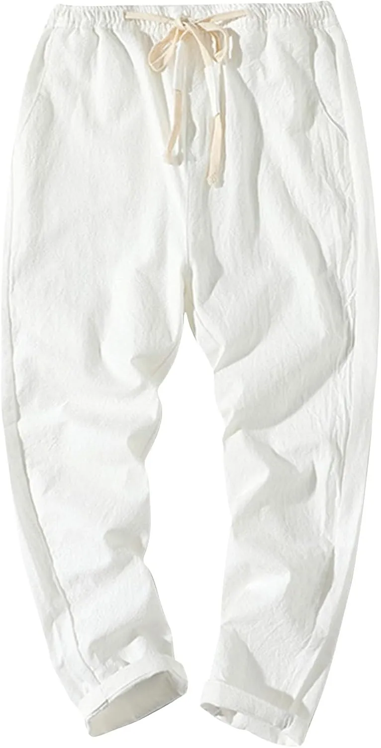 Men Linen Pants Lightweight Breathable Work Pants Casual Loose Fit Outdoor Pants with Pockets Elastic Waist Pants