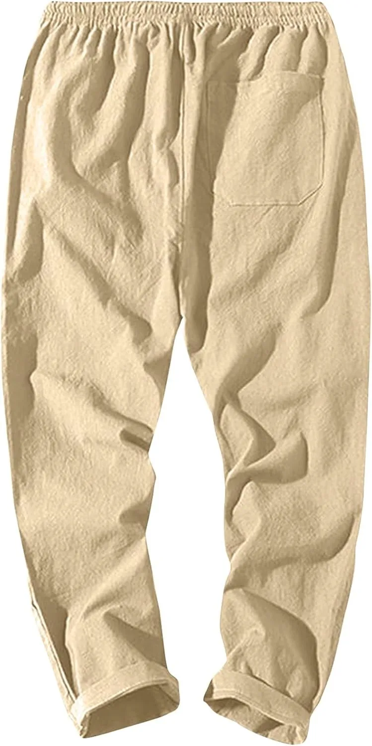 Men Linen Pants Lightweight Breathable Work Pants Casual Loose Fit Outdoor Pants with Pockets Elastic Waist Pants