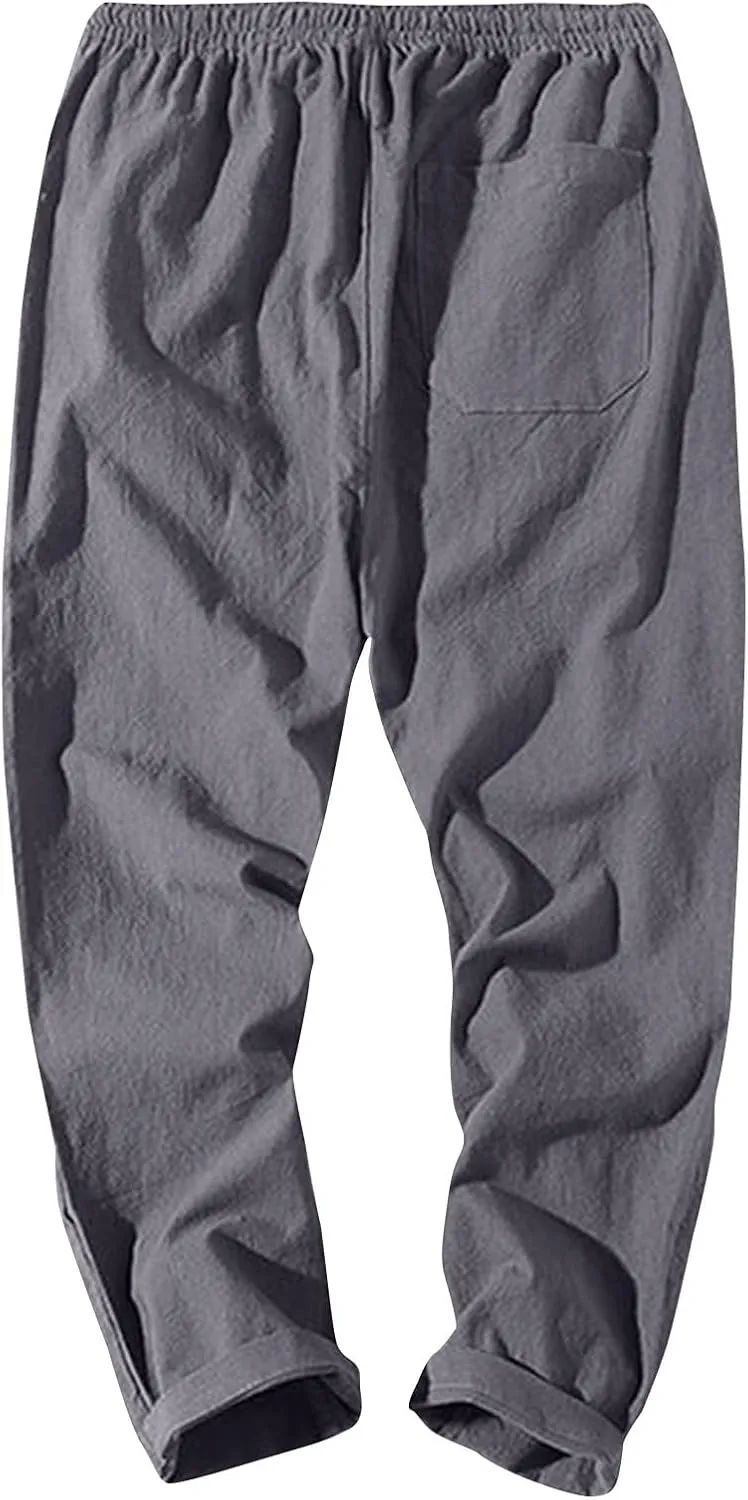Men Linen Pants Lightweight Breathable Work Pants Casual Loose Fit Outdoor Pants with Pockets Elastic Waist Pants