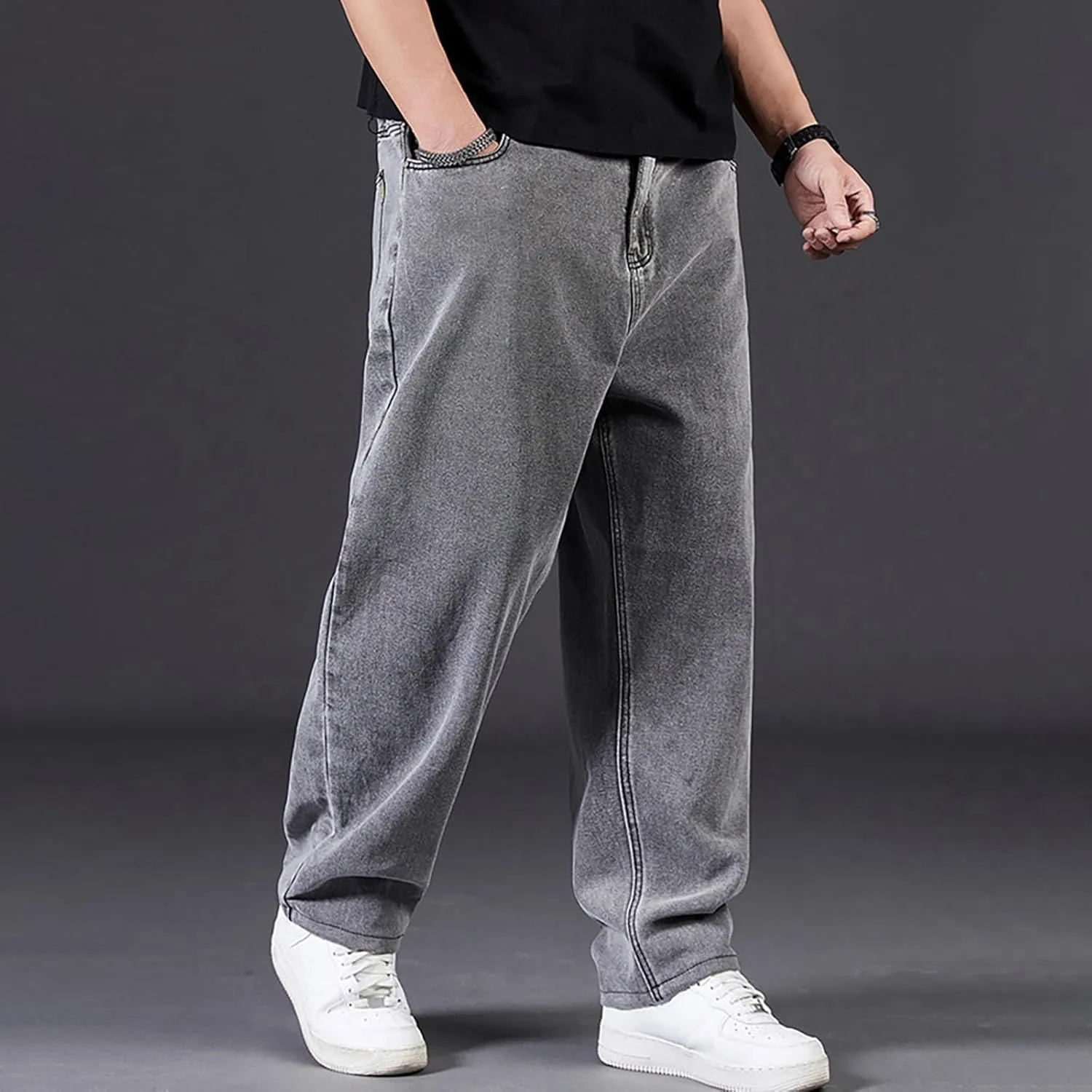 Men Plus Size Jeans Classic Basic Plain Relaxed Fit Denim Pants Open Bottom Summer Casual Straight Leg Baggy Trousers