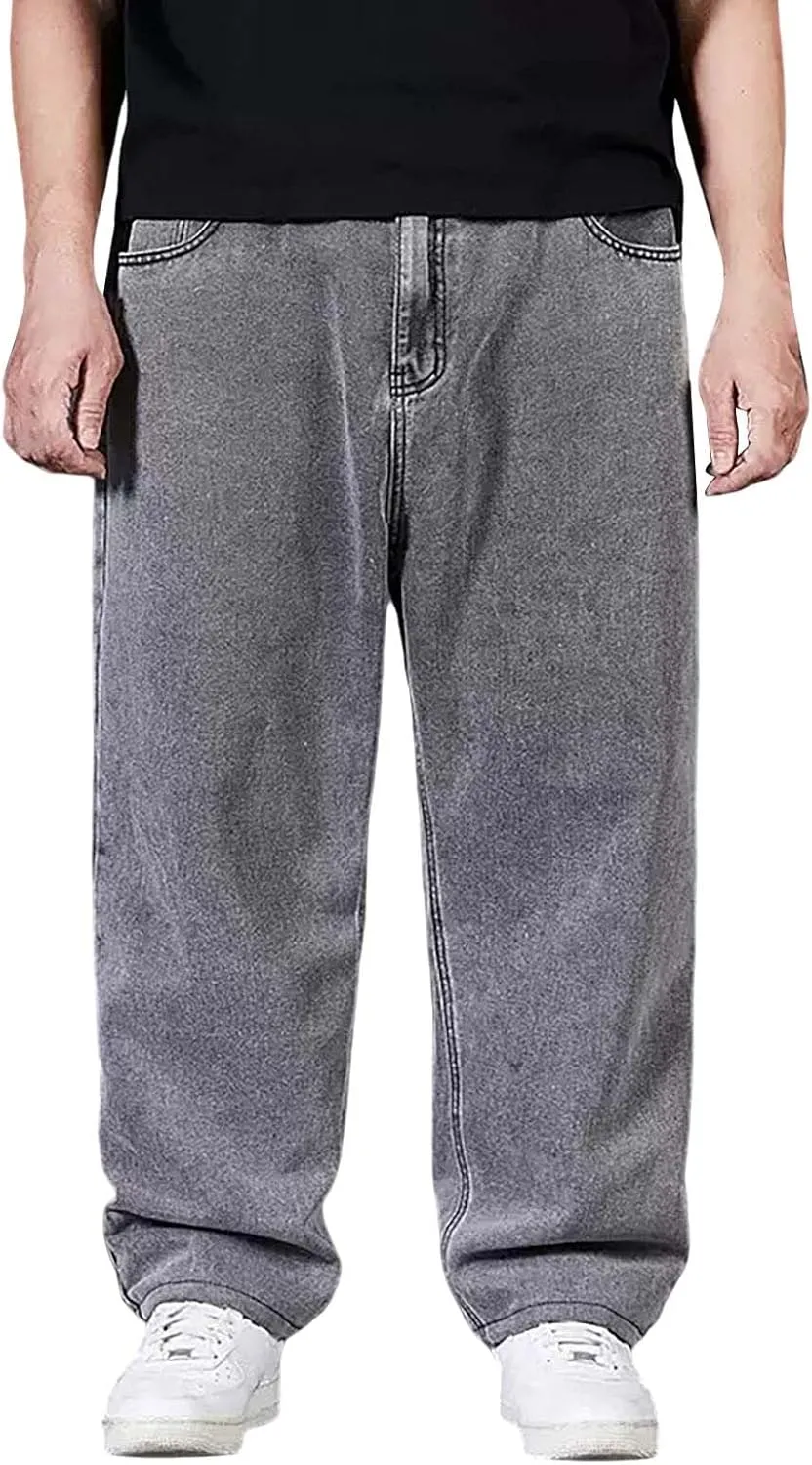 Men Plus Size Jeans Classic Basic Plain Relaxed Fit Denim Pants Open Bottom Summer Casual Straight Leg Baggy Trousers