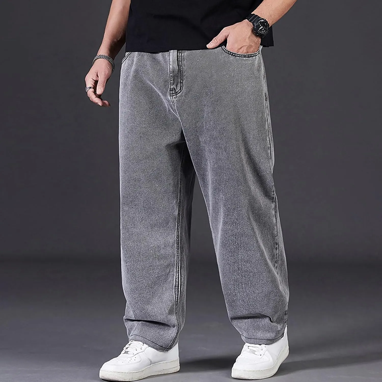 Men Plus Size Jeans Classic Basic Plain Relaxed Fit Denim Pants Open Bottom Summer Casual Straight Leg Baggy Trousers