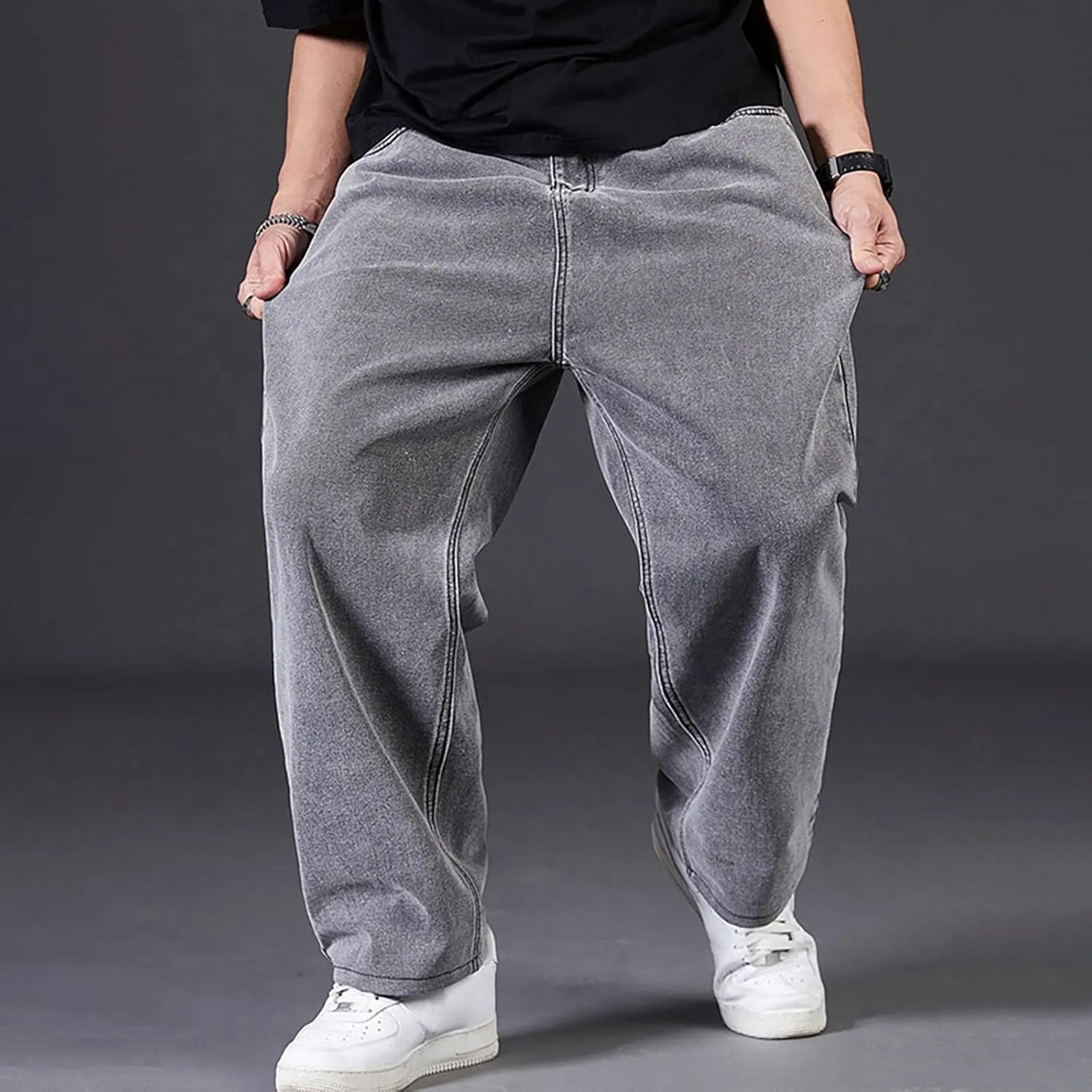 Men Plus Size Jeans Classic Basic Plain Relaxed Fit Denim Pants Open Bottom Summer Casual Straight Leg Baggy Trousers