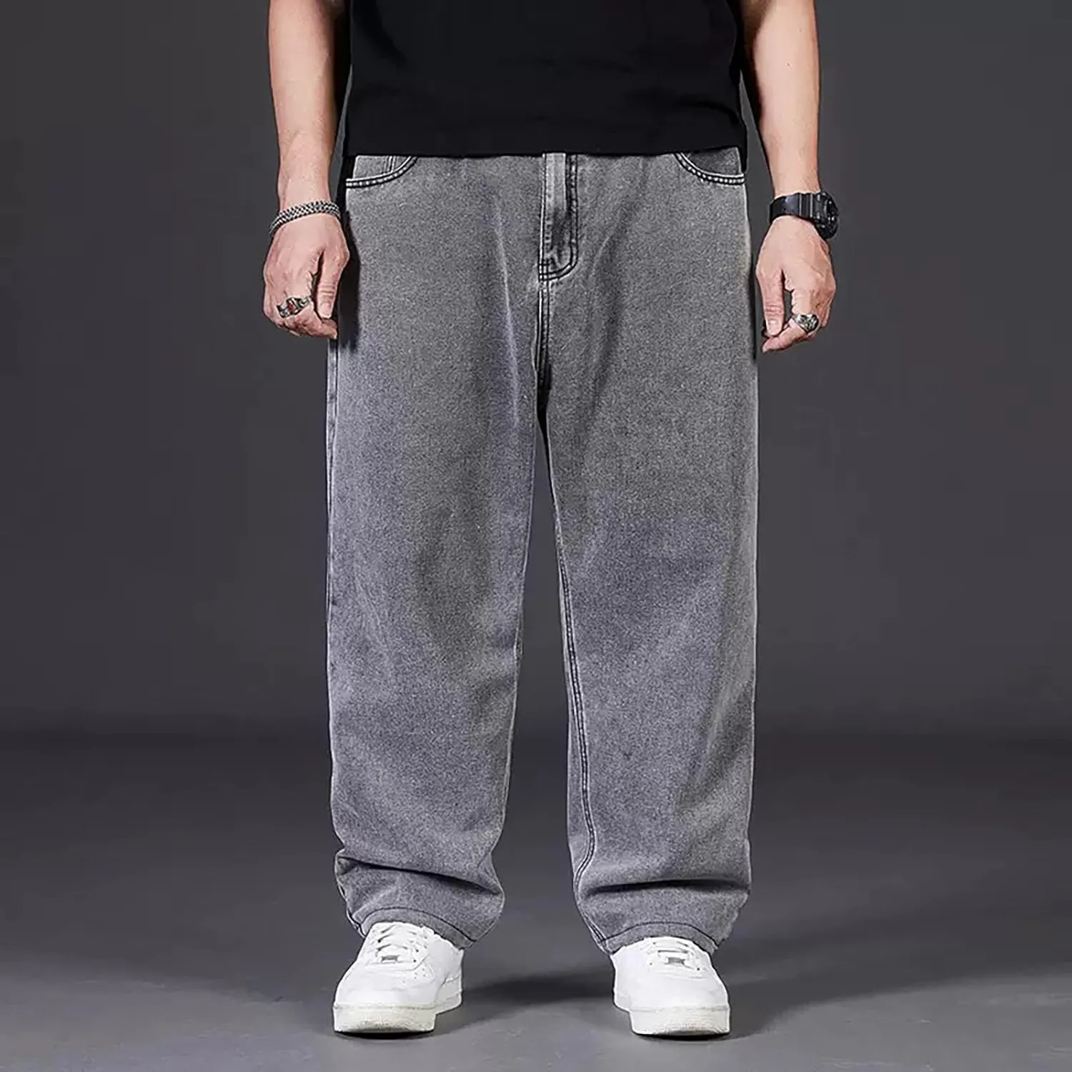 Men Plus Size Jeans Classic Basic Plain Relaxed Fit Denim Pants Open Bottom Summer Casual Straight Leg Baggy Trousers