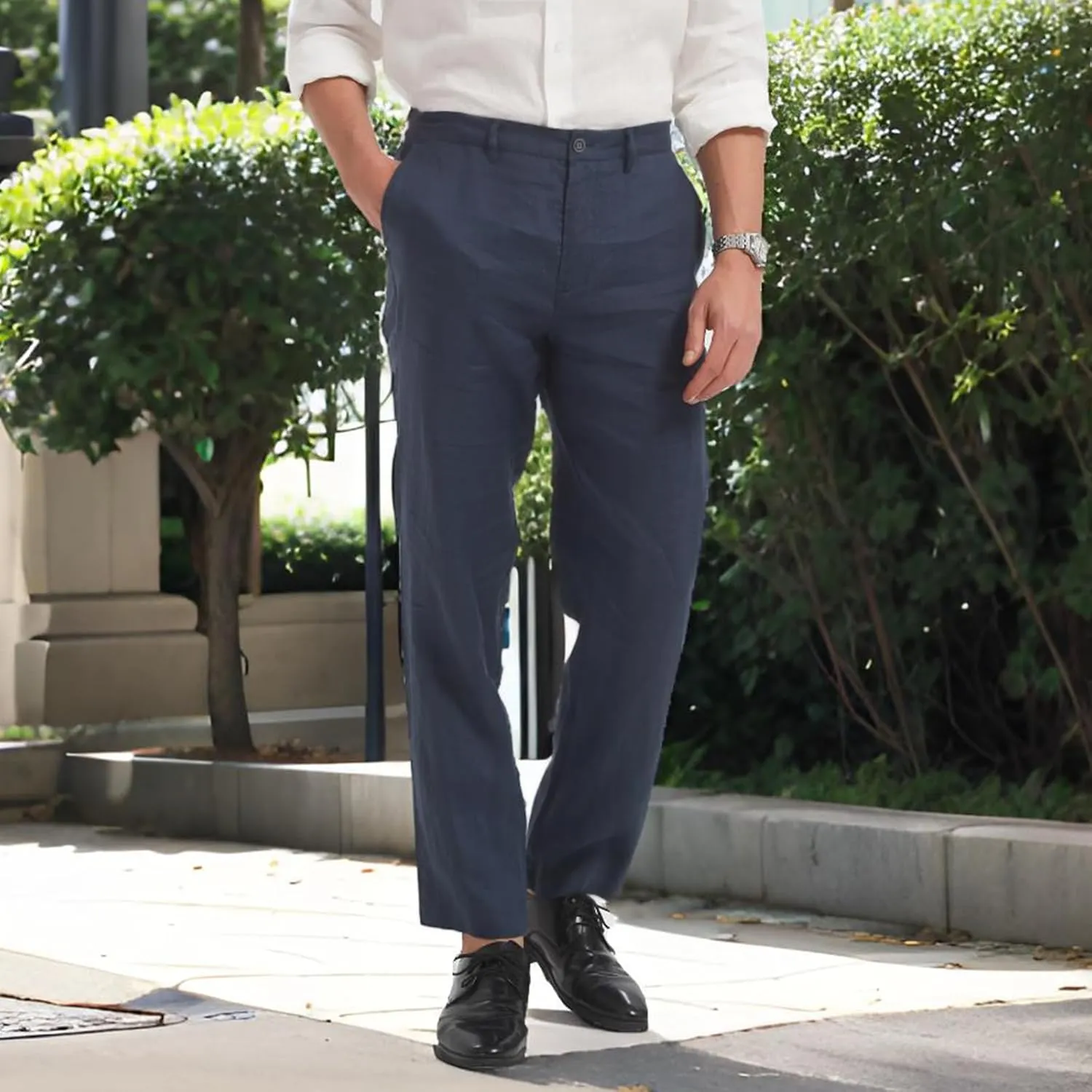 Men's 100% Linen Pants, Lightweight Breathable Casual Pants Regular Fit Summer Beach Yoga Trousers