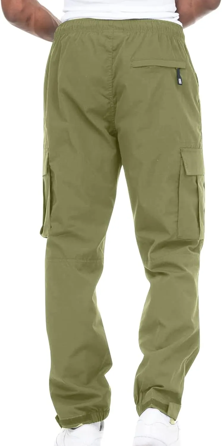 Men's Cargo Pants Casual Cotton Jogger Multi Pockets Outdoor Work Sweatpants Lightweight Drawstring Hiking Pants