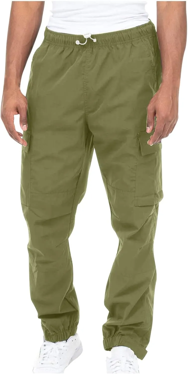 Men's Cargo Pants Casual Cotton Jogger Multi Pockets Outdoor Work Sweatpants Lightweight Drawstring Hiking Pants