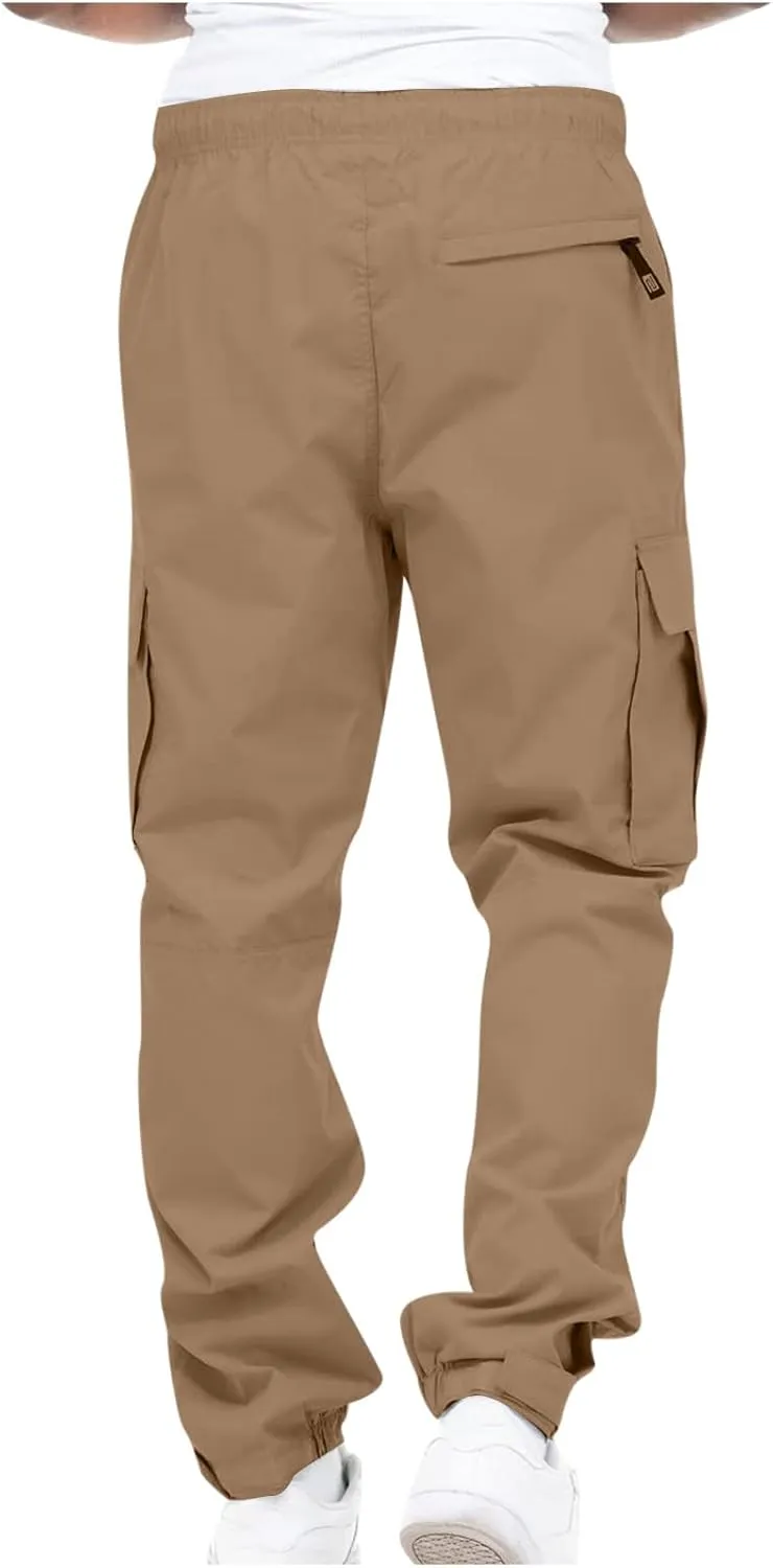 Men's Cargo Pants Casual Cotton Jogger Multi Pockets Outdoor Work Sweatpants Lightweight Drawstring Hiking Pants
