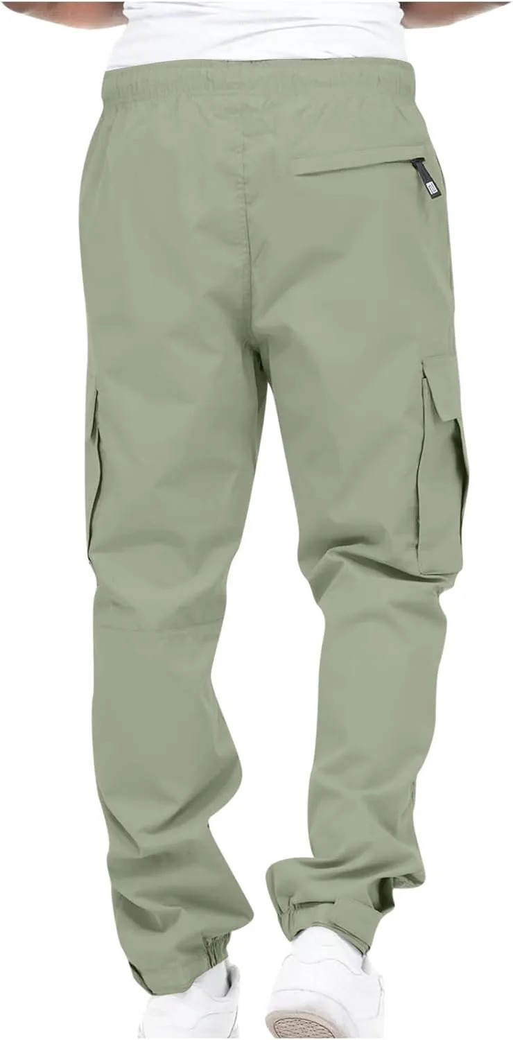 Men's Cargo Pants Casual Cotton Jogger Multi Pockets Outdoor Work Sweatpants Lightweight Drawstring Hiking Pants