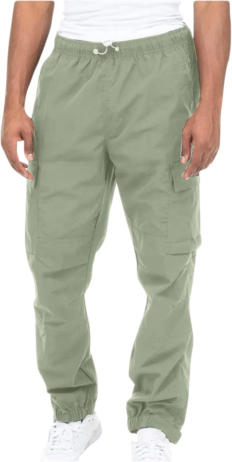 Men's Cargo Pants Casual Cotton Jogger Multi Pockets Outdoor Work Sweatpants Lightweight Drawstring Hiking Pants