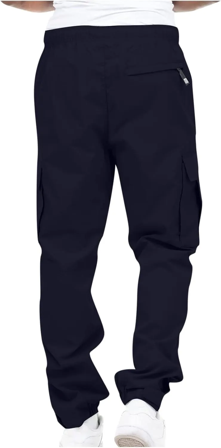Men's Cargo Pants Casual Cotton Jogger Multi Pockets Outdoor Work Sweatpants Lightweight Drawstring Hiking Pants