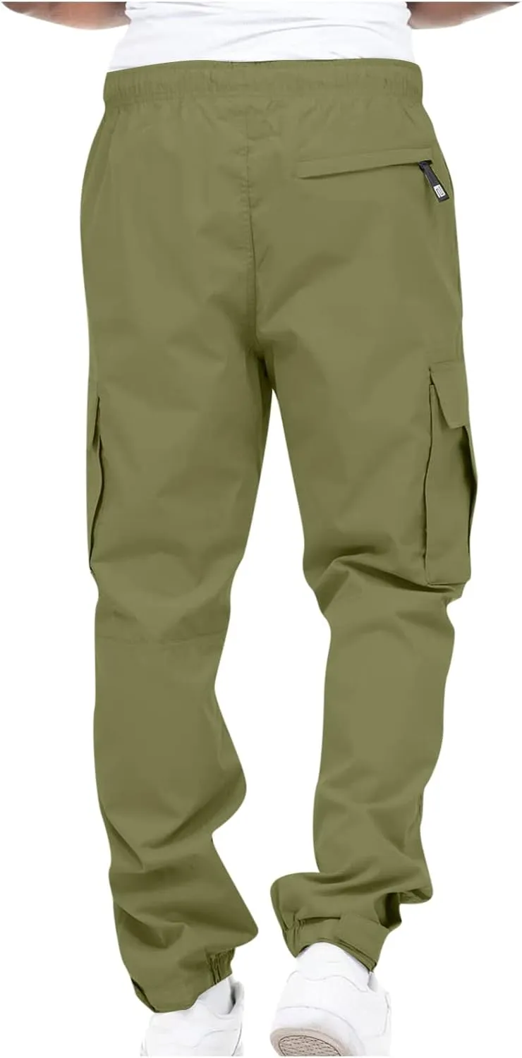 Men's Cargo Pants Casual Cotton Jogger Multi Pockets Outdoor Work Sweatpants Lightweight Drawstring Hiking Pants