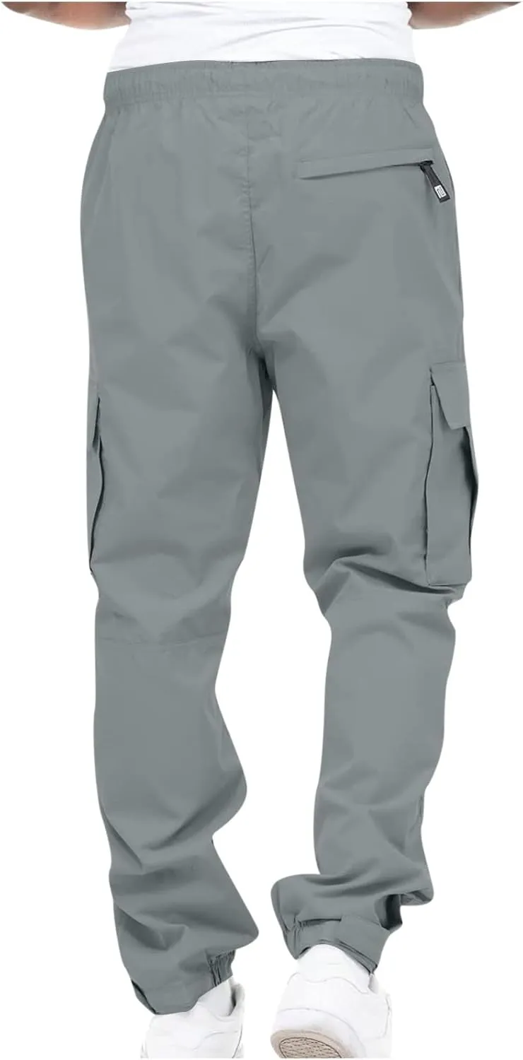 Men's Cargo Pants Casual Cotton Jogger Multi Pockets Outdoor Work Sweatpants Lightweight Drawstring Hiking Pants