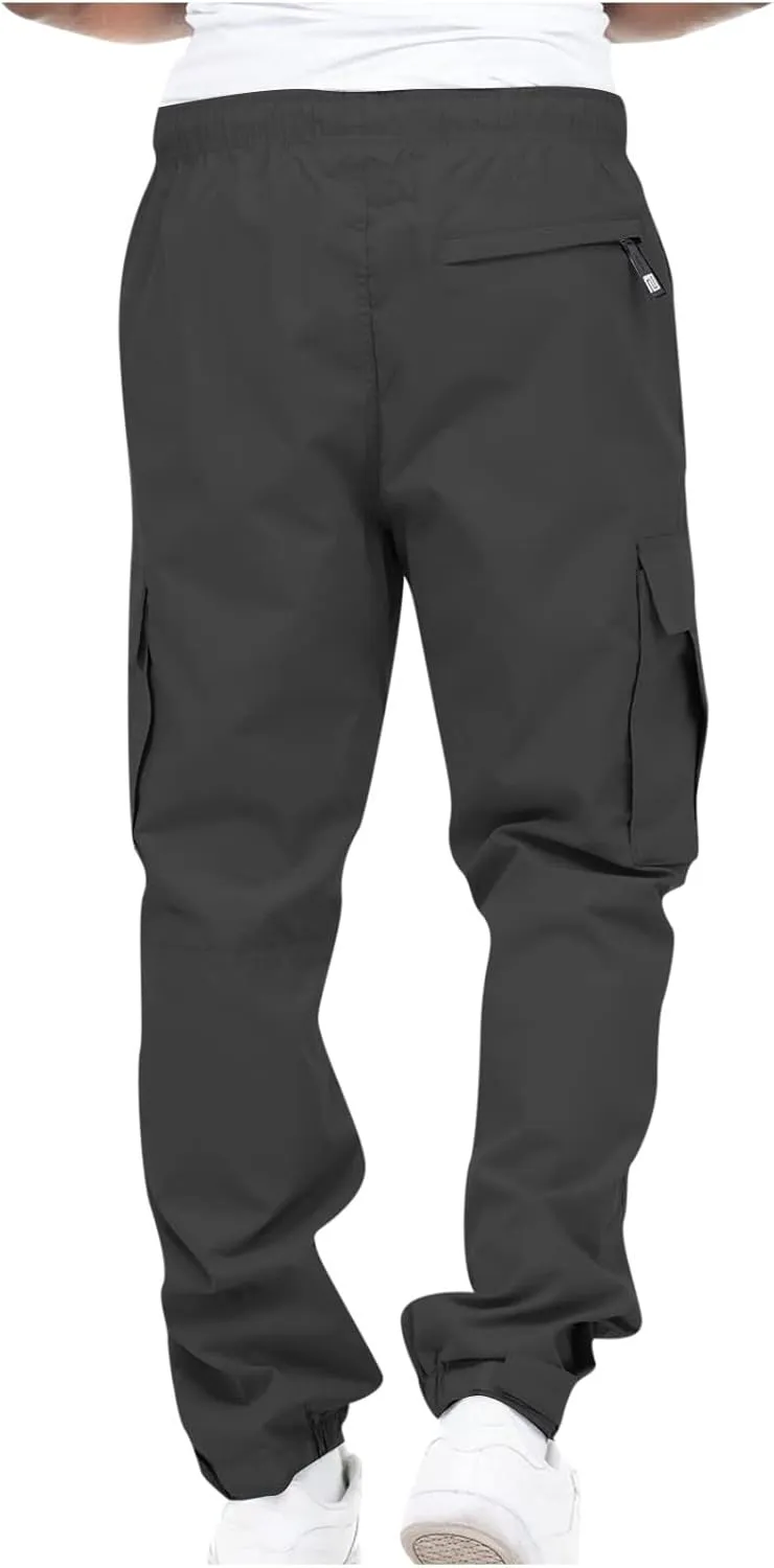 Men's Cargo Pants Casual Cotton Jogger Multi Pockets Outdoor Work Sweatpants Lightweight Drawstring Hiking Pants