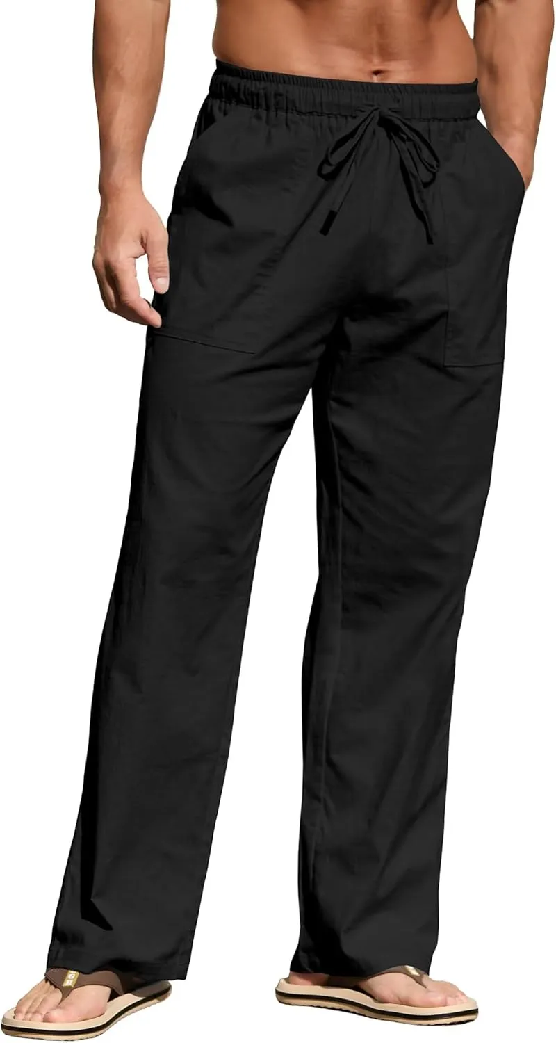 Men's Casual Linen Beach Pants, Drawstring Waist Loose Fit Trousers for Big Tall