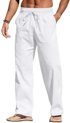 Men's Casual Linen Beach Pants, Drawstring Waist Loose Fit Trousers for Big Tall
