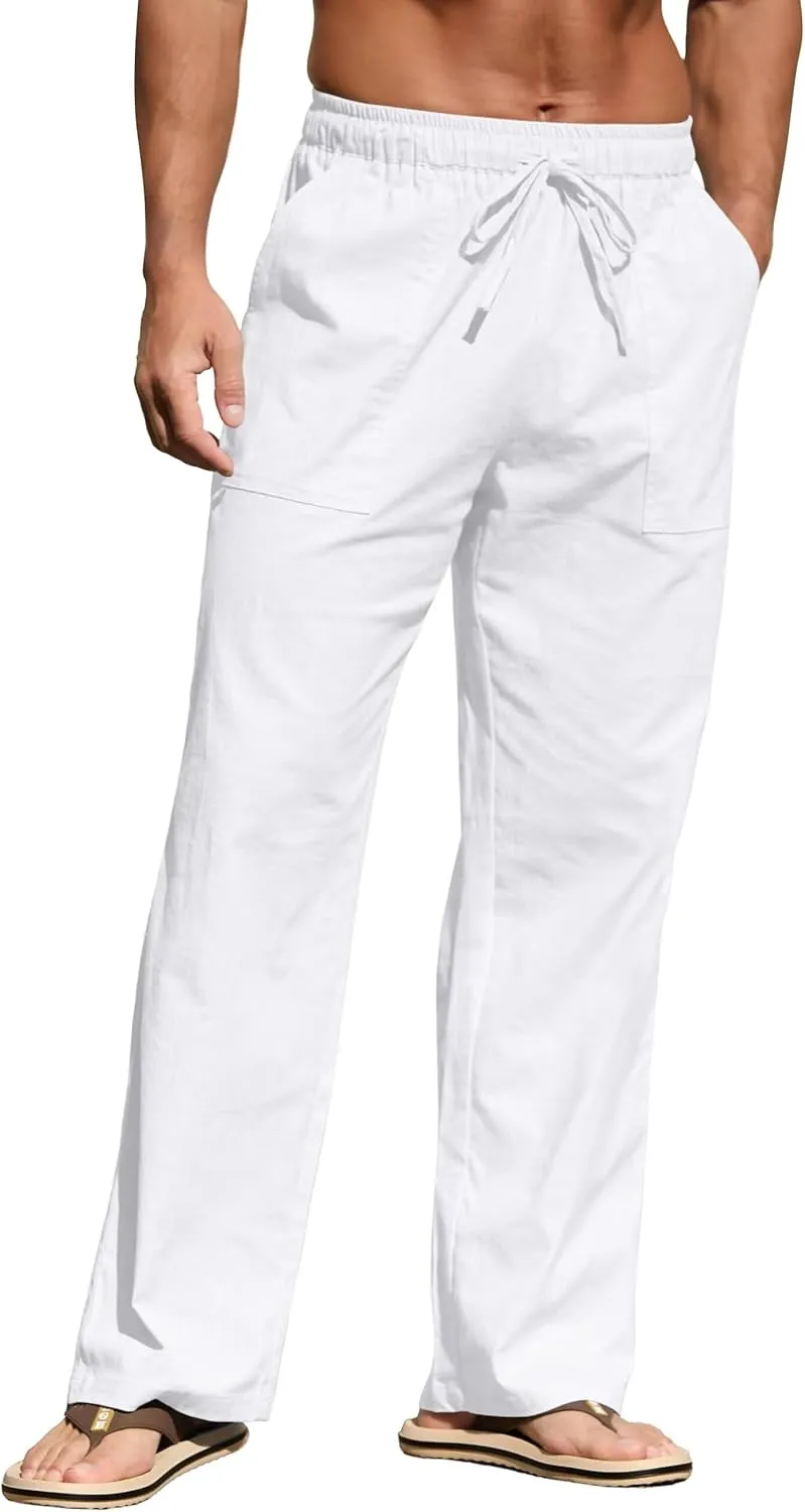 Men's Casual Linen Beach Pants, Drawstring Waist Loose Fit Trousers for Big Tall